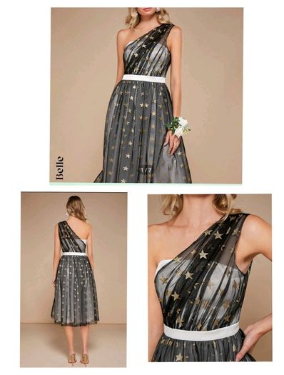 Midi dress one shoulder gold with stars print mesh overlay