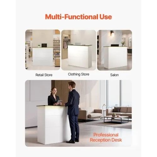 Reception Desk, 127.5cm Rectangular Front Counter Table, Modern Office Reception Desk with Light Strip, 3 Drawers & Storage Cabinets, Retail Counter Table