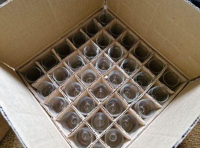 Box of brand new 1950s sherry glass, 36 in total.