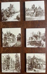 Set of 6 Antique Minton 'The Views' Victorian Tiles c.1885