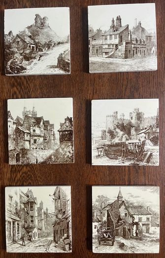 Set of 6 Antique Minton 'The Views' Victorian Tiles c.1885