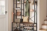 All in one hall stand with coat hang , shoe storage, bench, and shelving