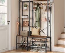 Coat stand with shoe bench, 5 shelves, 40x120x190cm vintage brown/ink black