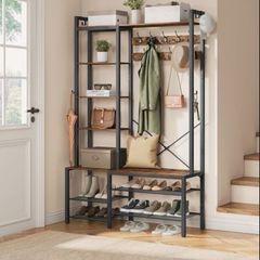 Coat stand with shoe bench, 5 shelves, 40x120x190cm vintage brown/ink black