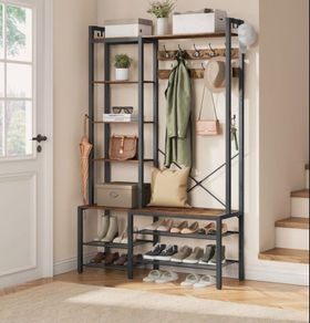 Coat stand with shoe bench, 5 shelves, 40x120x190cm vintage brown/ink black
