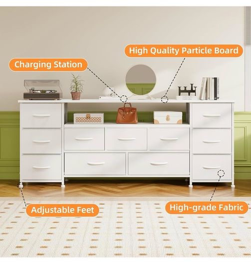 Tv Cabinet, Dresser for Bedroom with 11 Fabric Drawers, TV Stand with Power Socket for TVs up to 70 inch TV Units for Living Room, Bedroom, White