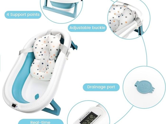 Large Foldable Baby Bathtub Baby Bath Tub with Cushion Pad, Non-Slip Support Leg, Collapsible Tub for Toddler Baby Kids Bathing - Childrens Travel Shower Bath Tubs | Shampoo Cup