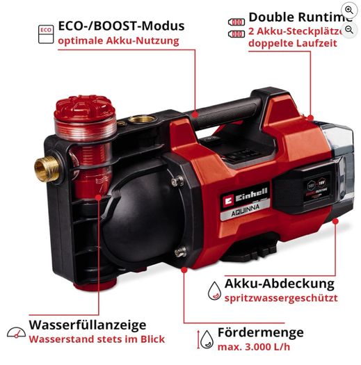 Einhell Aquinn Cordless Garden water Pump 18/30 F LED Power X-Change 18V Maximum 3000L/h Flow Rate