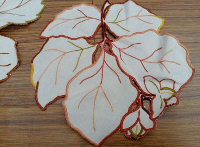 Vintage linen table mats,  leaves, leaf, vintage coasters
