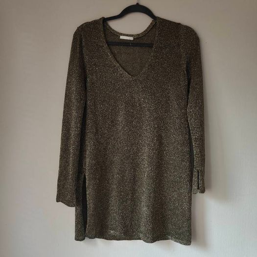 HM Womens Black and Gold Glitter Stretch Mesh long top, size 10