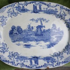 Large Antique Delft Pottery Platter,  Vintage Serving Plate in Blue and White,  Collectable China and Ceramics 16" x 11,5"