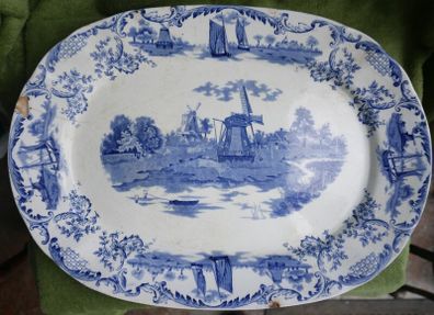 Large Antique Delft Pottery Platter,  Vintage Serving Plate in Blue and White,  Collectable China and Ceramics 16" x 11,5"