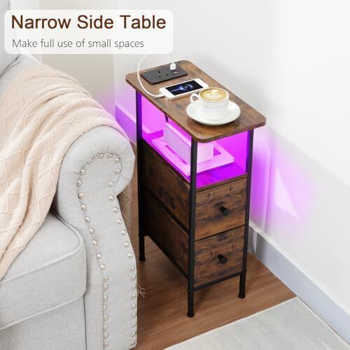 Slim Bedside Table Set of 2 with Charging Station