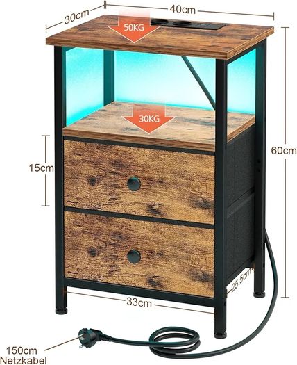 Bedside Table Set of 2 with Charging Station, Small Side Table with LED Light, Nightstand with 2 Fabric Drawers and Open Storage Shelf, Bedside Cabinets for Living Room, Brown