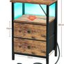 Bedside Table Set of 2 with Charging Station, Small Side Table with LED Light, Nightstand with 2 Fabric Drawers and Open Storage Shelf, Bedside Cabinets for Living Room, Brown Image 3