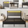 5FT King Size Bed Frame with LED Lights and Charging Station, Heavy Duty Metal Platform Upholstered King Bed frame with Storage Fabric Headboard,Metal Slats Support,Mattress Foundation (Black) Image 2