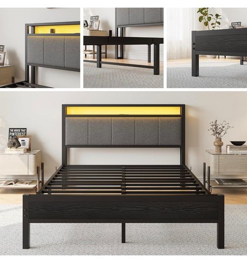 5FT King Size Bed Frame with Storage Headboard, Black Metal King Bed with Upholstered Headboard, LED Lights and Charging Station, Heavy Duty Metal Slats Support,Easy Assembly