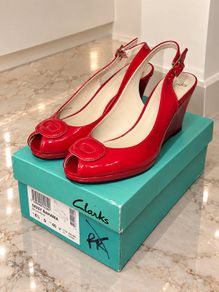 Clarks Ladies Sissy Bahama Red Patent Leather Slingback Wedge Sandals UK 6.5 D