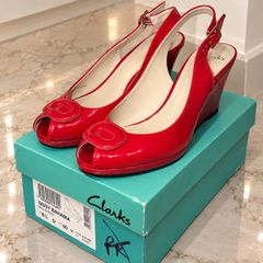 Clarks Ladies Sissy Bahama Red Patent Leather Slingback Wedge Sandals UK 6.5 D