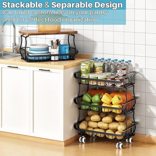 5 Tier Vegetable Fruit Basket for Kitchen, Stackable Metal Fruit and Vegetable Storage Baskets with Rolling Wheels Cart, Pantry organisers and storage for Kitchen Bathroom Livingroom Laundry room Cart