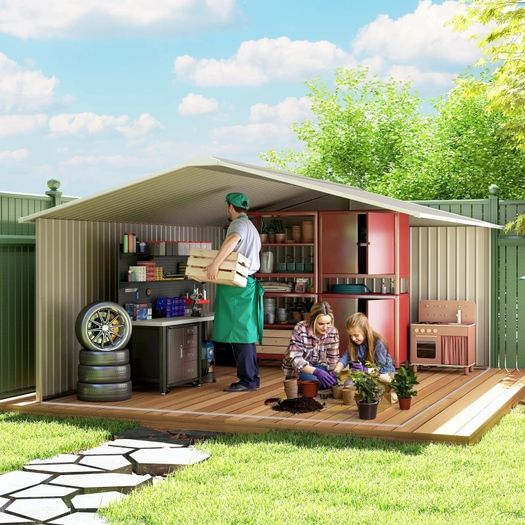13 x 11ft Large Lockable Metal Storage Shed with Sliding Doors, Outdoor, Warm Grey