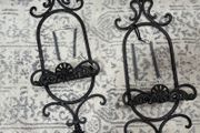 Pair of Vintage Ornate Black Wrought Iron Wall Plate Hangers / Display Racks