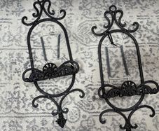 Pair of Vintage Ornate Black Wrought Iron Wall Plate Hangers / Display Racks