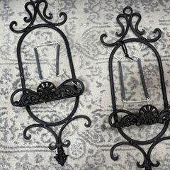 Pair of Vintage Ornate Black Wrought Iron Wall Plate Hangers / Display Racks