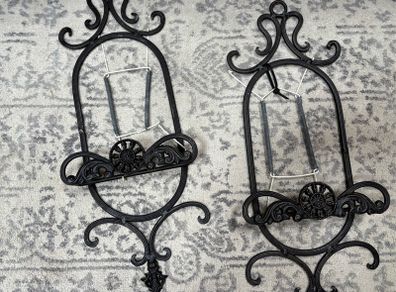 Pair of Vintage Ornate Black Wrought Iron Wall Plate Hangers / Display Racks