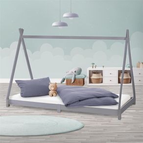Children's bed tepee with slatted frame Kids bed 90x200 cm light gray wood