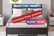 King Size Bed Frame with Storage,LED Lights,5ft Metal Bed Frame Kingsize Bed Frame with Charging Station,Mattress Foundation,Strong Steel Slats Support,Noise Free,Black
