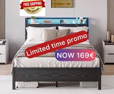 King Size Bed Frame with Storage,LED Lights,5ft Metal Bed Frame Kingsize Bed Frame with Charging Station,Mattress Foundation,Strong Steel Slats Support,Noise Free,Black