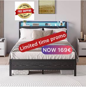 King Size Bed Frame with Storage,LED Lights,5ft Metal Bed Frame Kingsize Bed Frame with Charging Station,Mattress Foundation,Strong Steel Slats Support,Noise Free,Black
