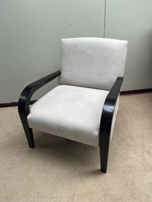 Modern Ivory Accent Armchair with Sculpted Black Wood Arms