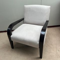 Modern Ivory Accent Armchair with Sculpted Black Wood Arms