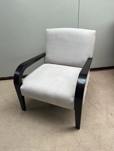 Modern Ivory Accent Armchair with Sculpted Black Wood Arms