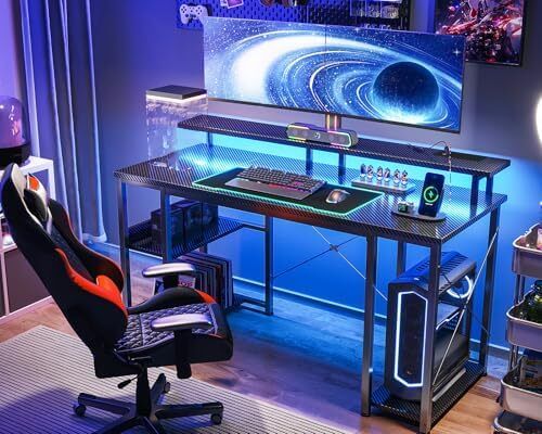 120x50 cm Gaming Desk with LED Lights, Computer Desk with Shelves, Office Desks with Monitor Stand, Carbon Fiber Black