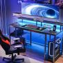 120x50 cm Gaming Desk with LED Lights, Computer Desk with Shelves, Office Desks with Monitor Stand, Carbon Fiber Black Image 6