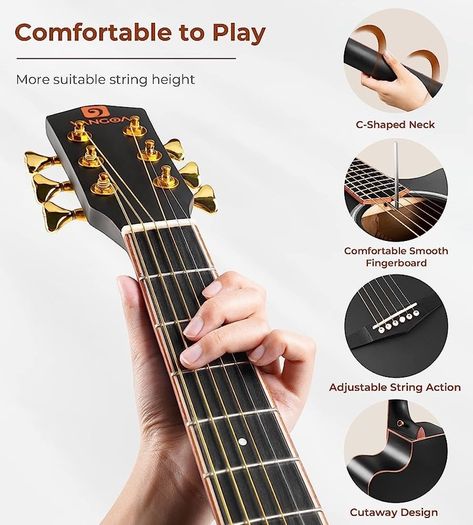 4/4 Electric Acoustic Guitar Full Size with Golden Tuning Pegs, Starter Kits Cutaway Electroacoustic Guitar Set for Beginner Adults Teens Students, Black (FREE SHIPPING)