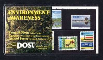 1986 Ireland Environment Awareness Presentation Pack (Pack D). Contains 1986 Fauna and Flora (Ferns), Europa (Protection of the Environment) and Ireland Series Waterways) Commemorative Stamp Sets