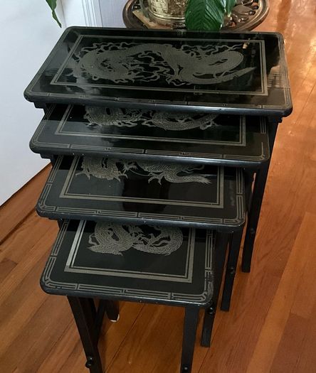 Vintage Oriental Set of 4 Black Lacquered Nest of Tables