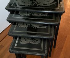 Vintage Oriental Set of 4 Black Lacquered Nest of Tables
