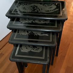 Vintage Oriental Set of 4 Black Lacquered Nest of Tables