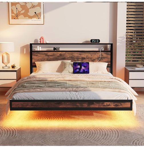 Floating Bed Frame King Size with Charging Station and LED Lights