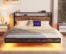 Floating Bed Frame King Size with Charging Station and LED Lights