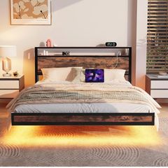 Floating Bed Frame King Size with Charging Station and LED Lights
