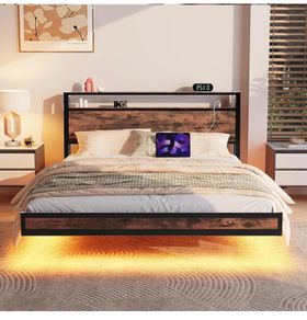 Floating Bed Frame King Size with Charging Station and LED Lights