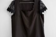 Pre Owned Black Scalloped Neckline Blouse with Lace Crochet Sleeves