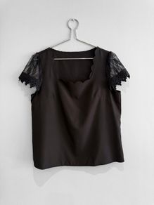 Pre Owned Black Scalloped Neckline Blouse with Lace Crochet Sleeves