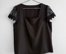 Pre Owned Black Scalloped Neckline Blouse with Lace Crochet Sleeves